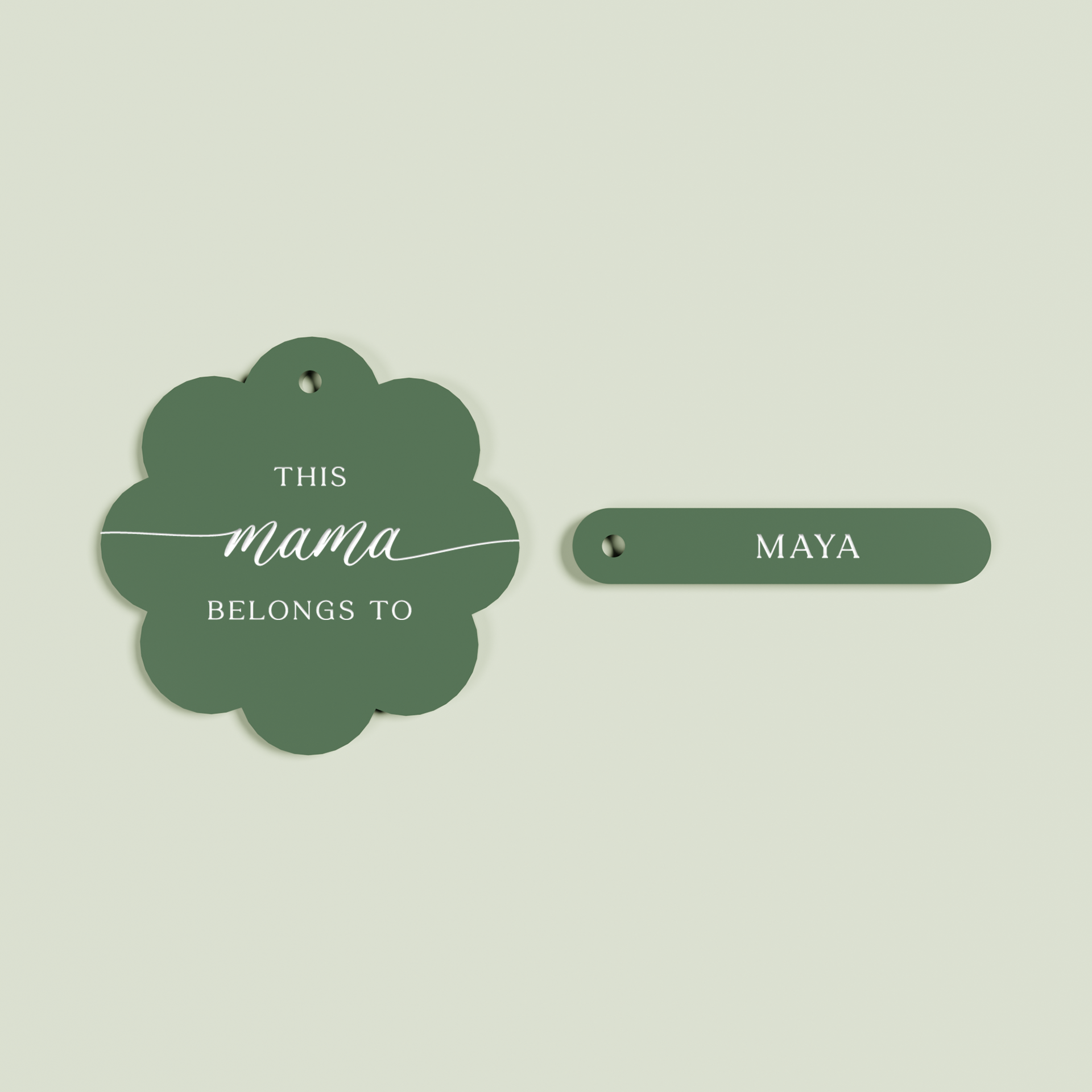 Travertino acrylic scallop keyring with 1 name tags with white text on sage acrylic | Saint Sauvant Auckland NZ