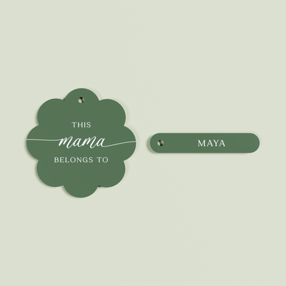 Travertino acrylic scallop keyring with 1 name tags with white text on sage acrylic | Saint Sauvant Auckland NZ