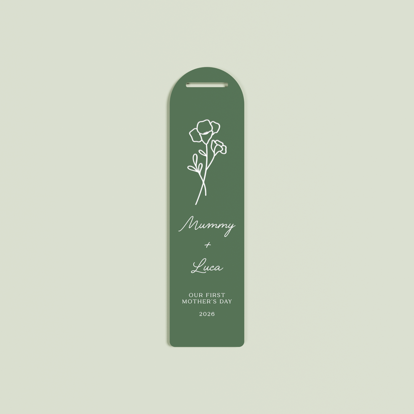 Verveine acrylic bookmark with a floral design and white text on sage acrylic | Saint Sauvant Auckland NZ