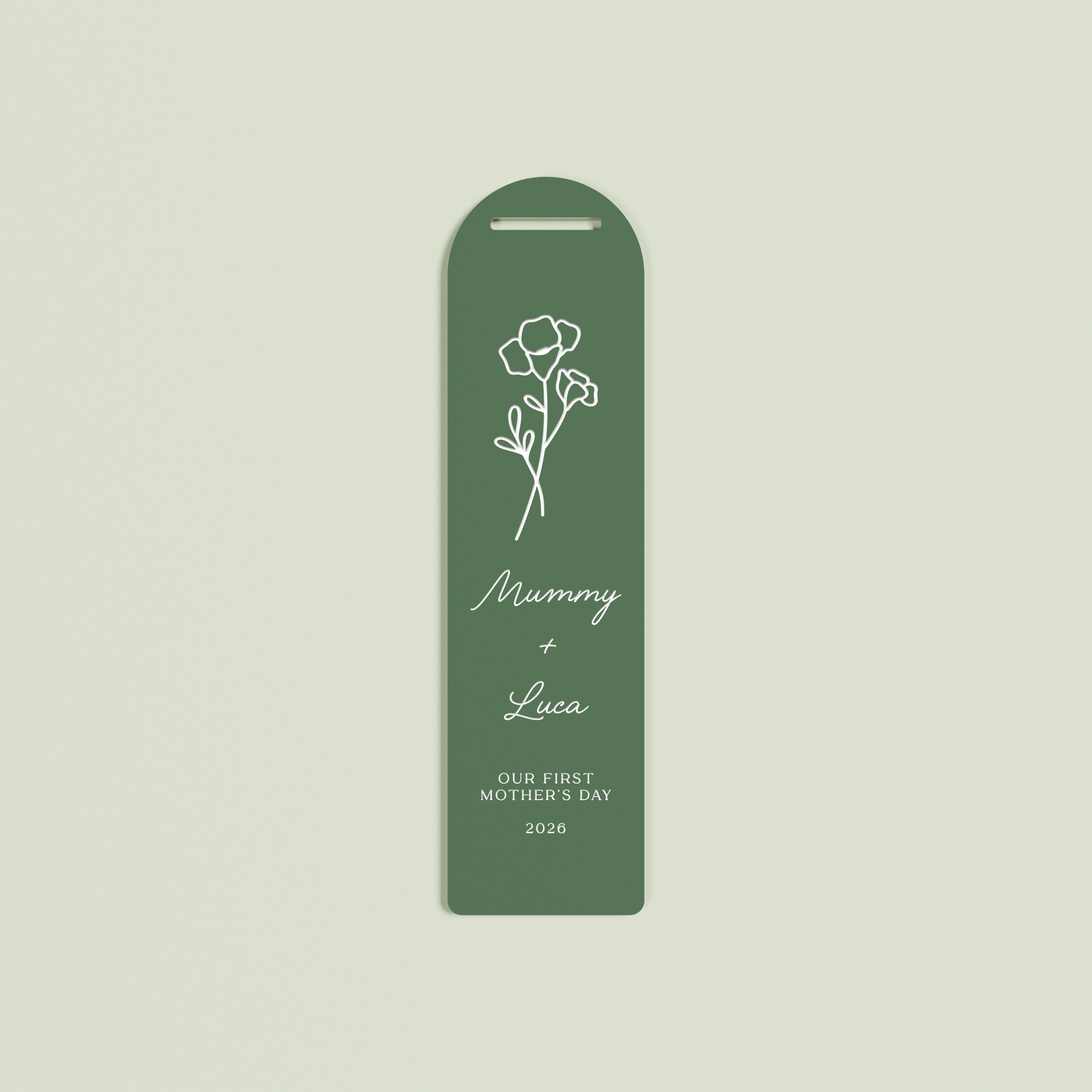 Verveine acrylic bookmark with a floral design and white text on sage acrylic | Saint Sauvant Auckland NZ