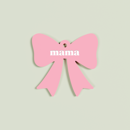 Peperino acrylic bow keyring with white 'mama' text on strawberry acrylic | Saint Sauvant Auckland NZ
