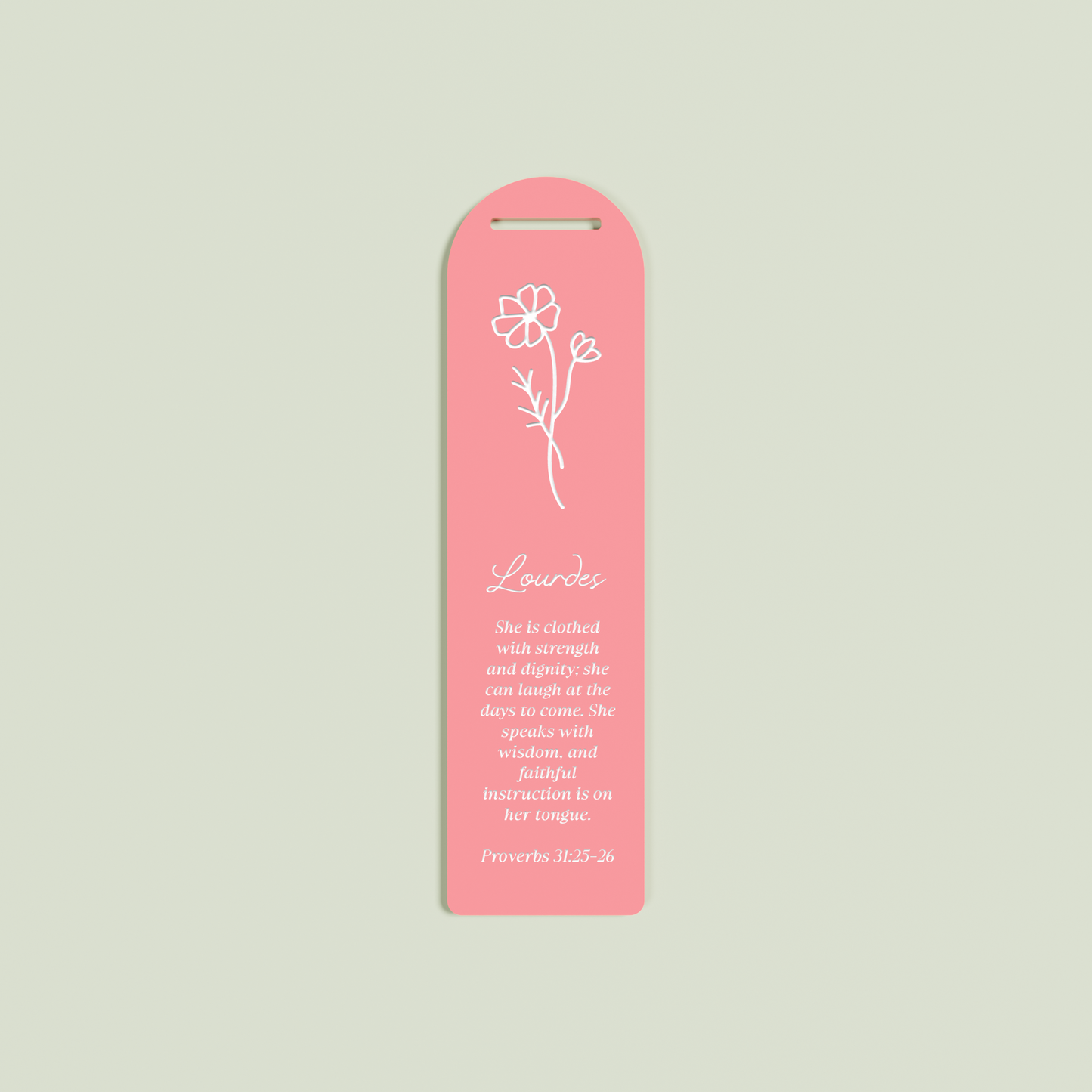 Romarin acrylic bookmark with provebs 31 and floral design in white on watermelon acrylic | Saint Sauvant Auckland NZ