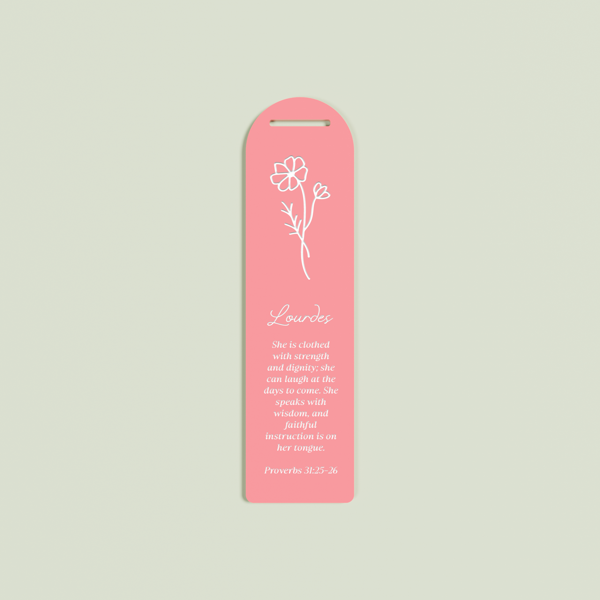 Romarin acrylic bookmark with provebs 31 and floral design in white on watermelon acrylic | Saint Sauvant Auckland NZ