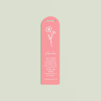 Romarin acrylic bookmark with provebs 31 and floral design in white on watermelon acrylic | Saint Sauvant Auckland NZ