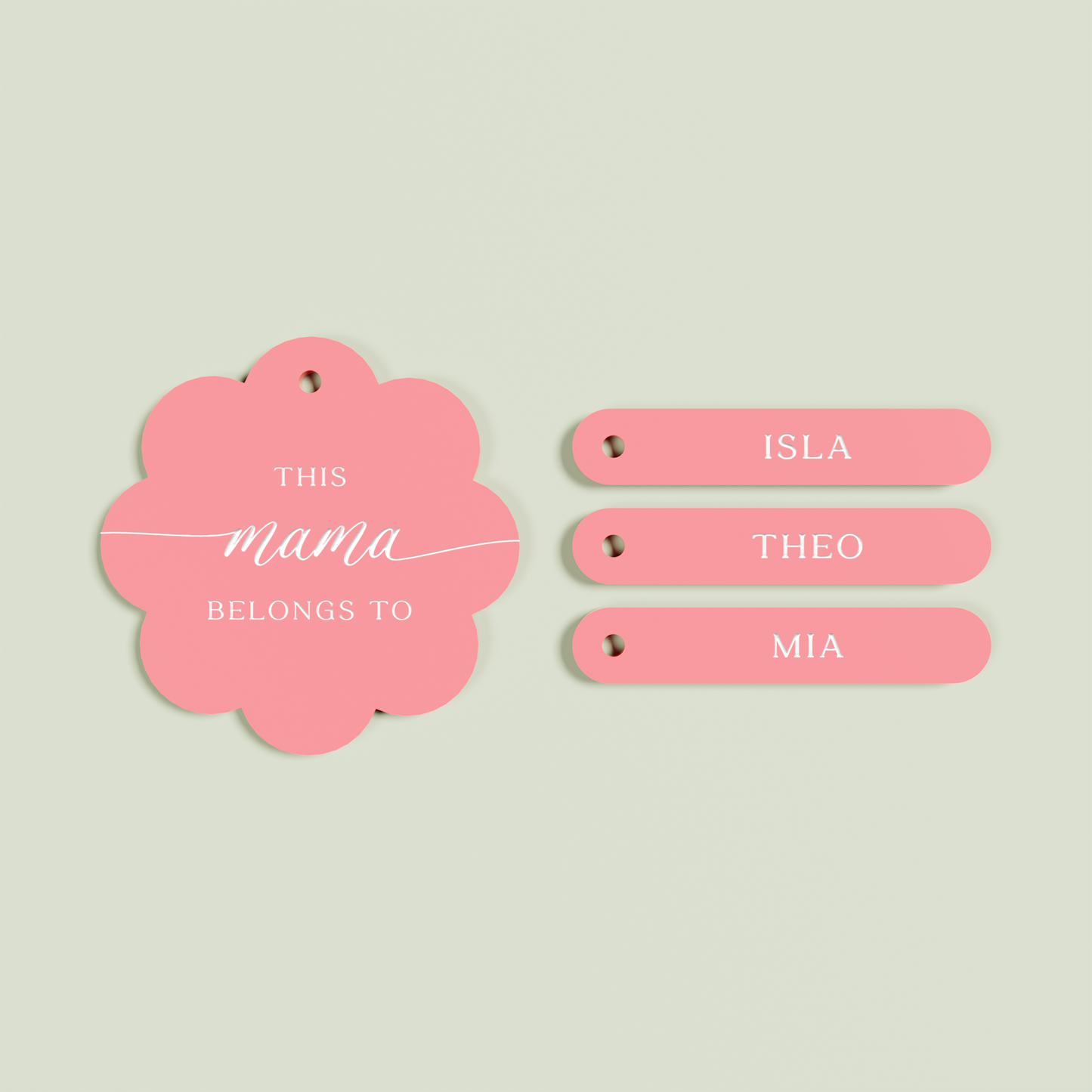 Travertino acrylic scallop keyring with 3 name tags with white text on watermelon acrylic | Saint Sauvant Auckland NZ