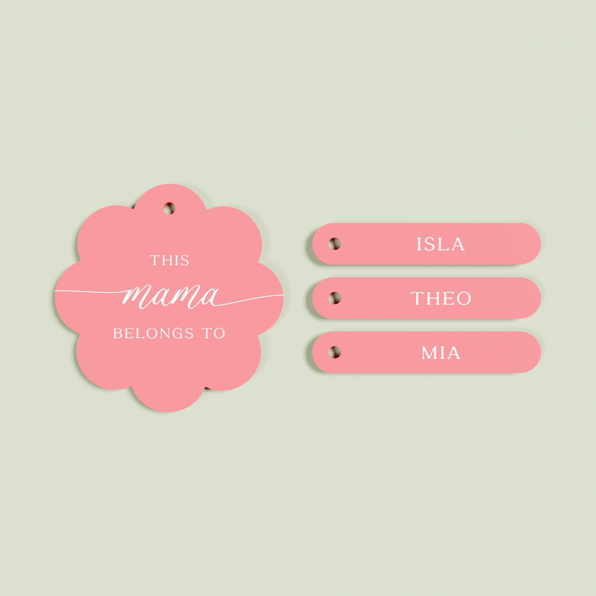 Travertino acrylic scallop keyring with 3 name tags with white text on watermelon acrylic | Saint Sauvant Auckland NZ