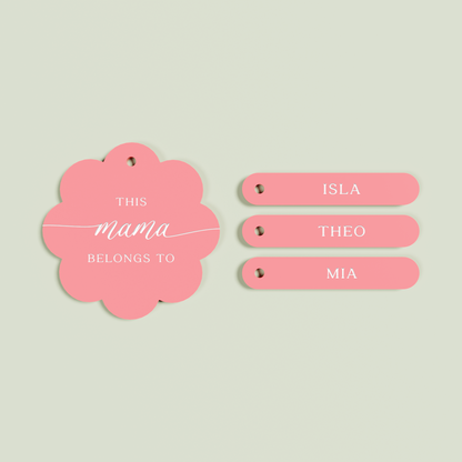 Travertino acrylic scallop keyring with 3 name tags with white text on watermelon acrylic | Saint Sauvant Auckland NZ