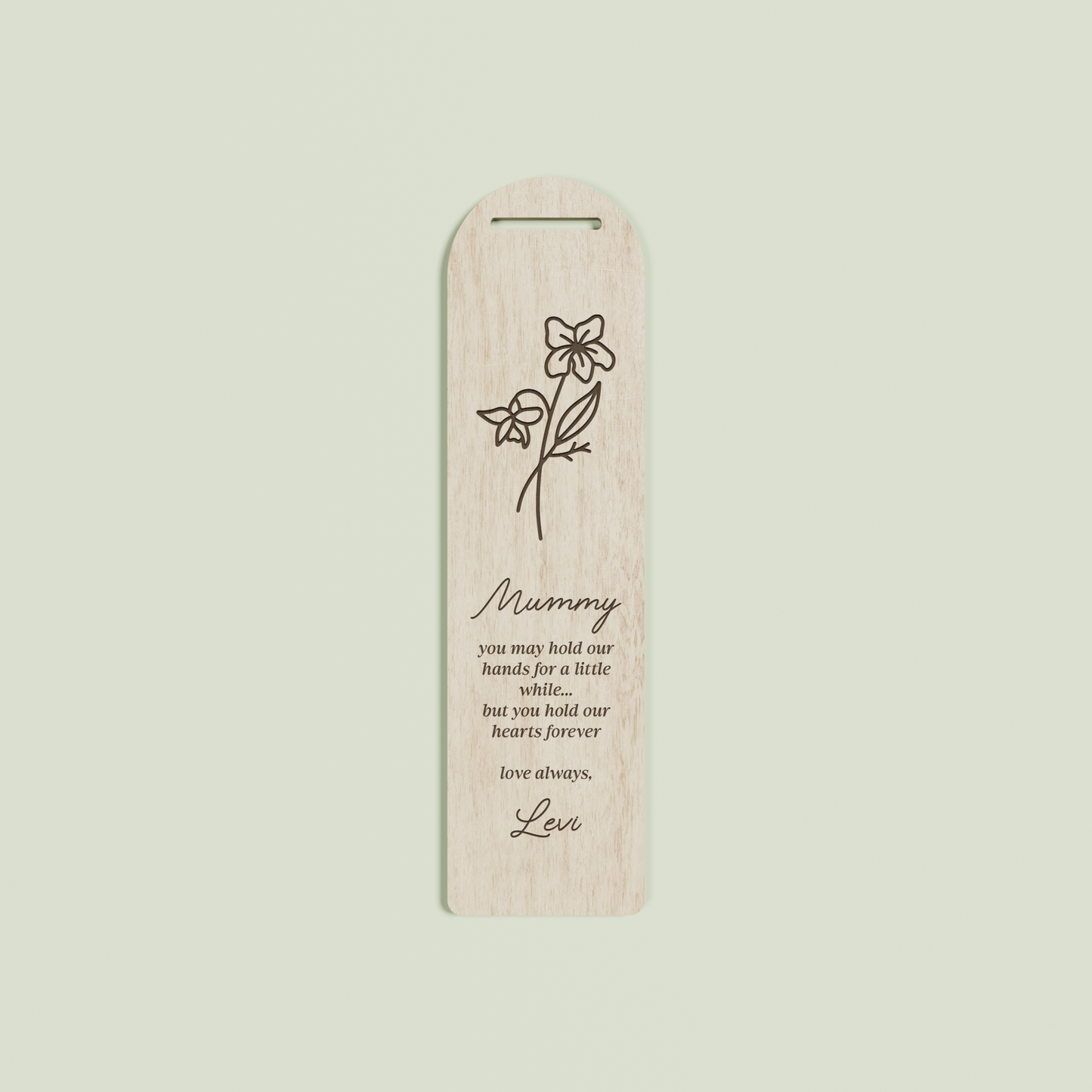 Origano wooden bookmark with an engraved floral design and text | Saint Sauvant Auckland NZ